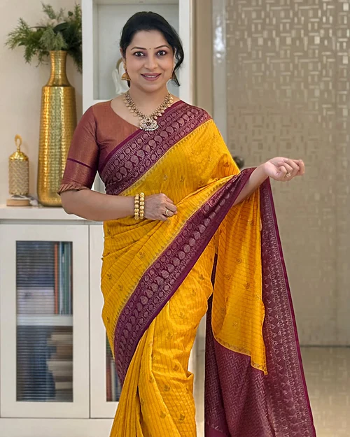 Kanchipuram Silk Saree Yellow with Maroon Border
